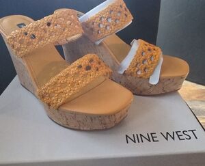 Nine West Mustard Woven Wedge Sandals